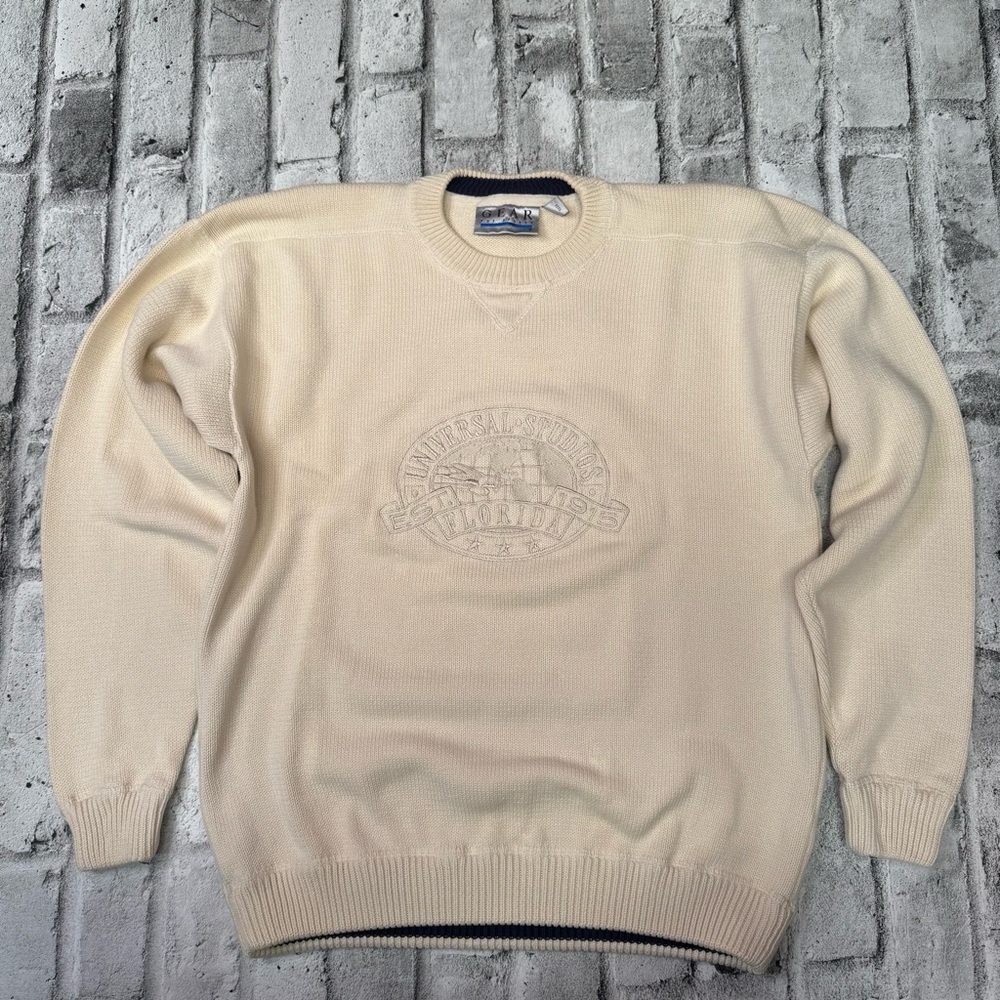 Vintage Universal Studios Florida Crewneck Knit Sweater Crewneck Cream 90’s Sz M